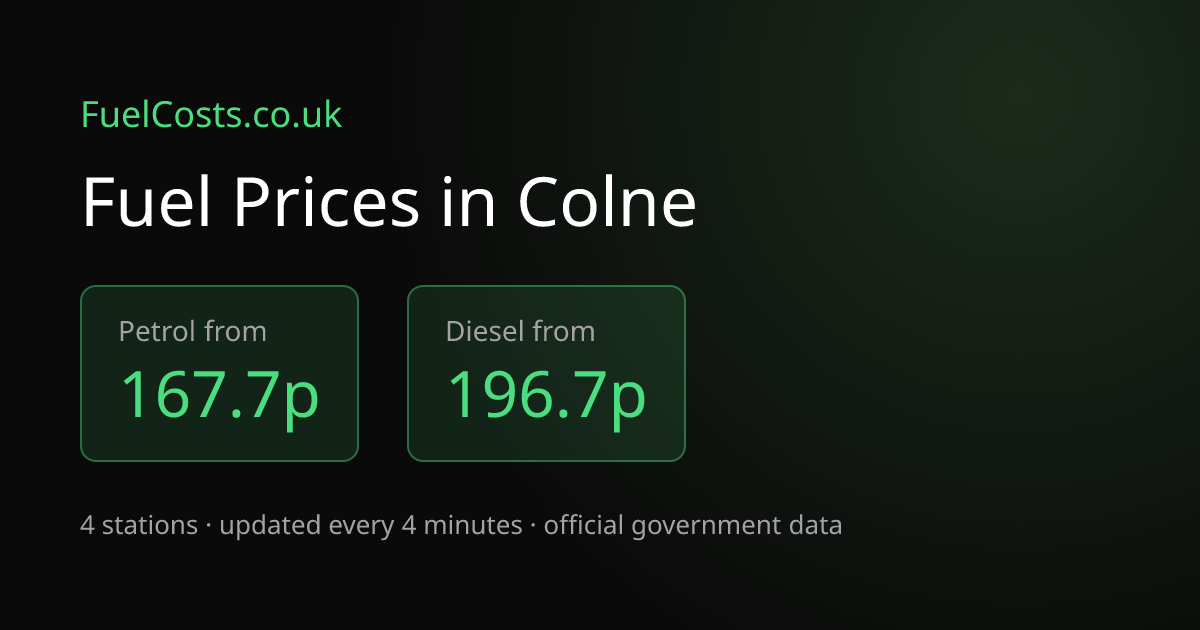 Colne Petrol from 155.7p (July 2026) | FuelCosts.co.uk